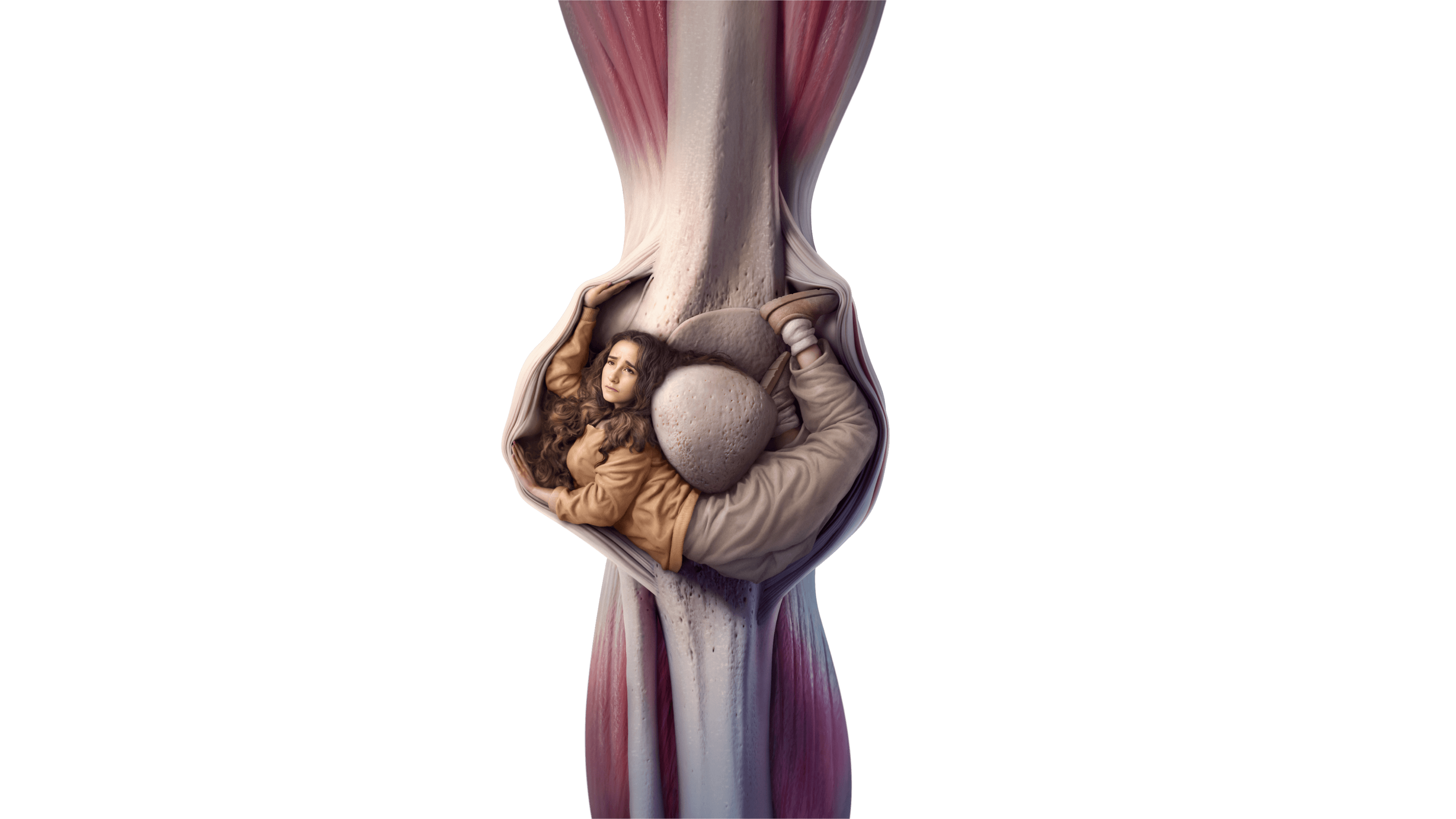 Tenosynovial giant cell tumor (TGCT) of the knee illustrated as a person trapped inside the knee joint.